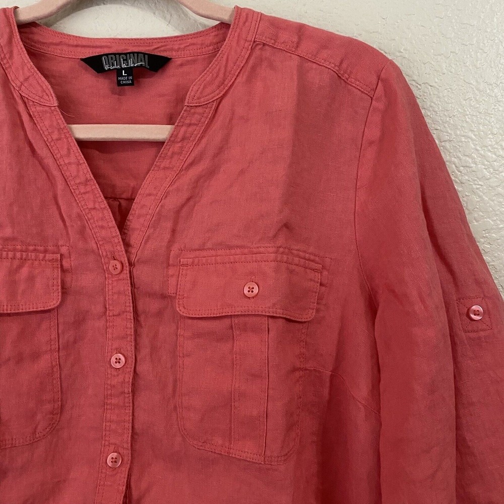 Nicole Miller Blouse Top Womens Large Linen Button Front Orange - Picture 3 of 8
